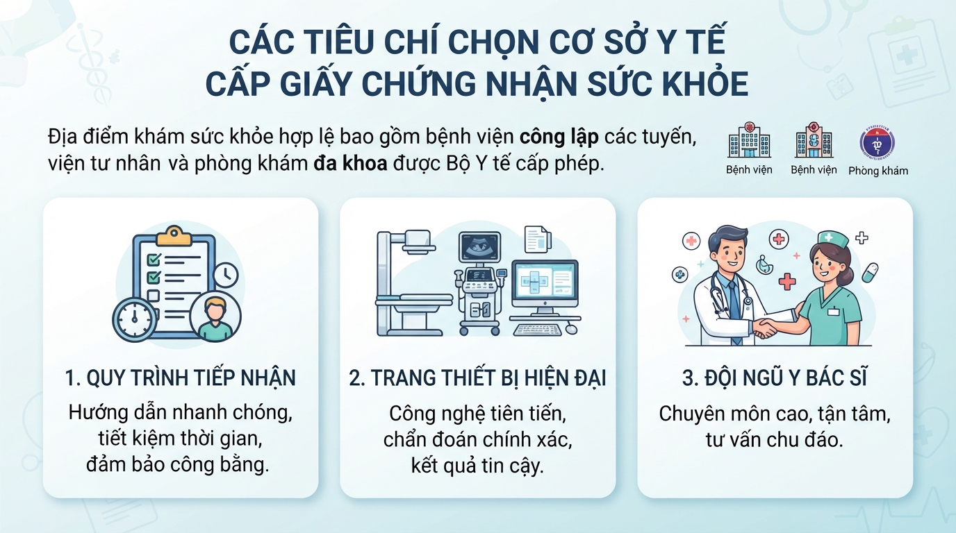 Các tiêu chí chọn cơ sở y tế đủ điều kiện cấp giấy chứng nhận sức khỏe.