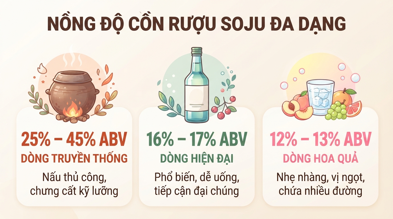 Soju là loại rượu đặc trưng của quốc gia nào và chứa bao nhiêu độ cồn