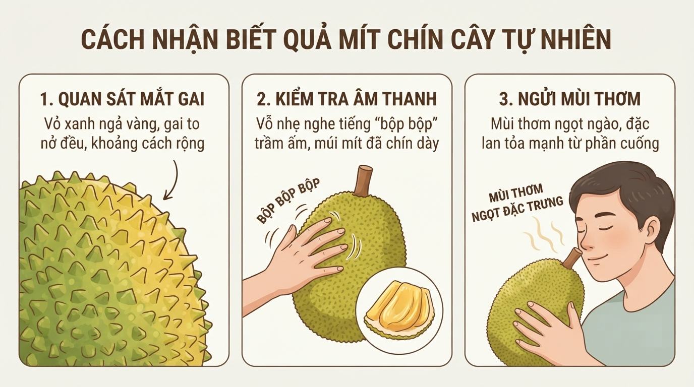 Các tiêu chí nhận biết quả mít chín cây tự nhiên qua mắt gai và mùi thơm.