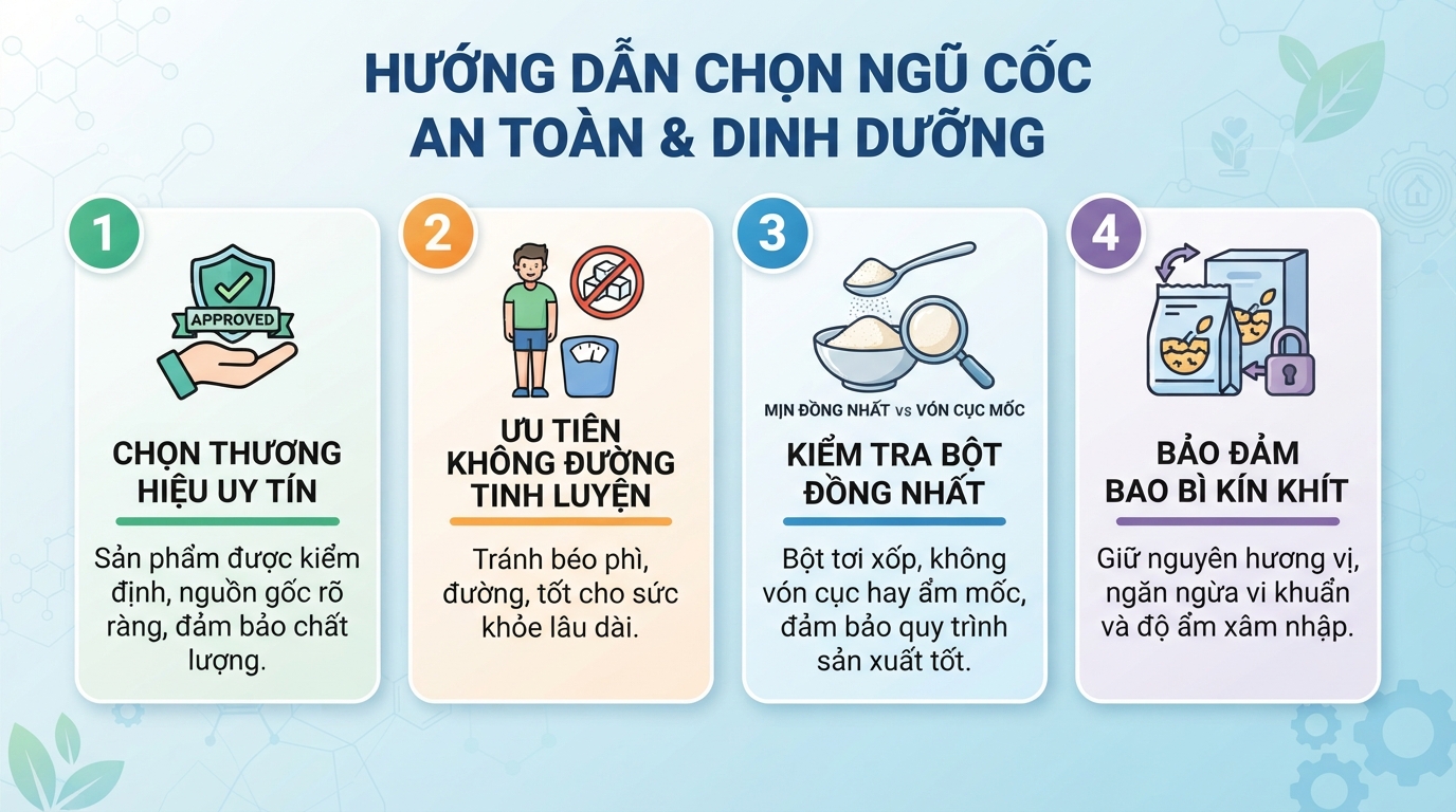 Các tiêu chí quan trọng giúp người dùng chọn lựa ngũ cốc an toàn và đạt chuẩn dinh dưỡng.
