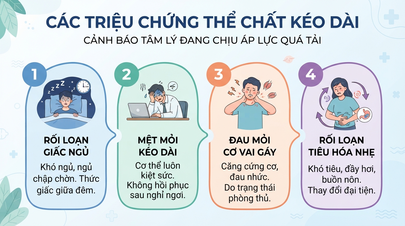 Các triệu chứng thể chất kéo dài cảnh báo tâm lý đang chịu áp lực quá tải.