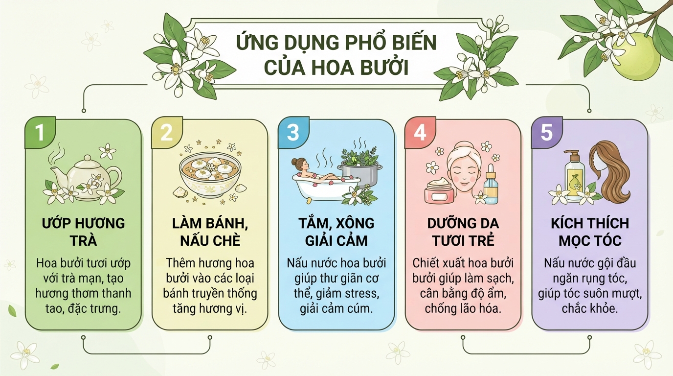 Các ứng dụng phổ biến của hoa bưởi trong ẩm thực, làm đẹp và chăm sóc cơ thể.