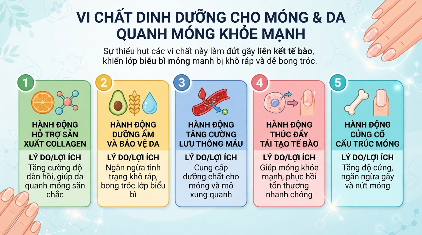 Các vi chất quan trọng giúp duy trì hàng rào bảo vệ móng tay. Các vi chất quan trọng giúp duy trì hàng rào bảo vệ móng tay.