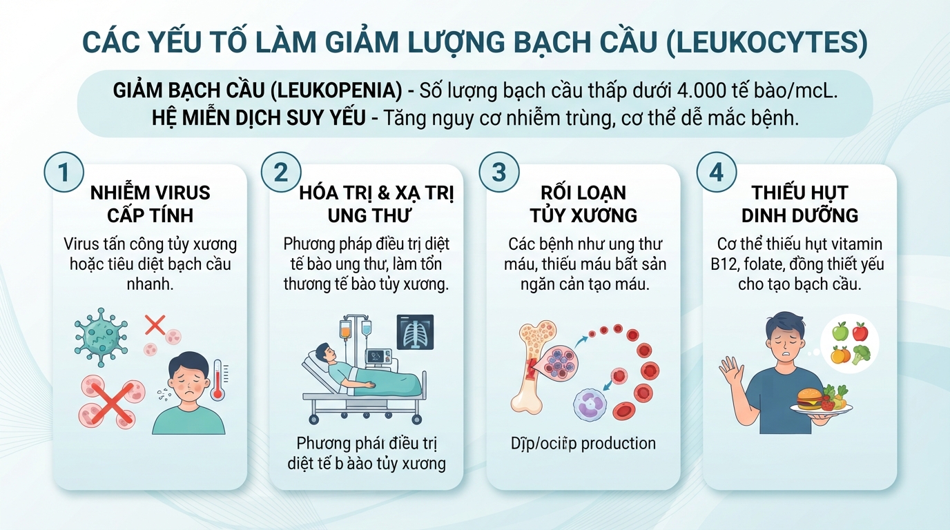 Các yếu tố y khoa và dinh dưỡng trực tiếp tác động làm sụt giảm lượng leukocytes.