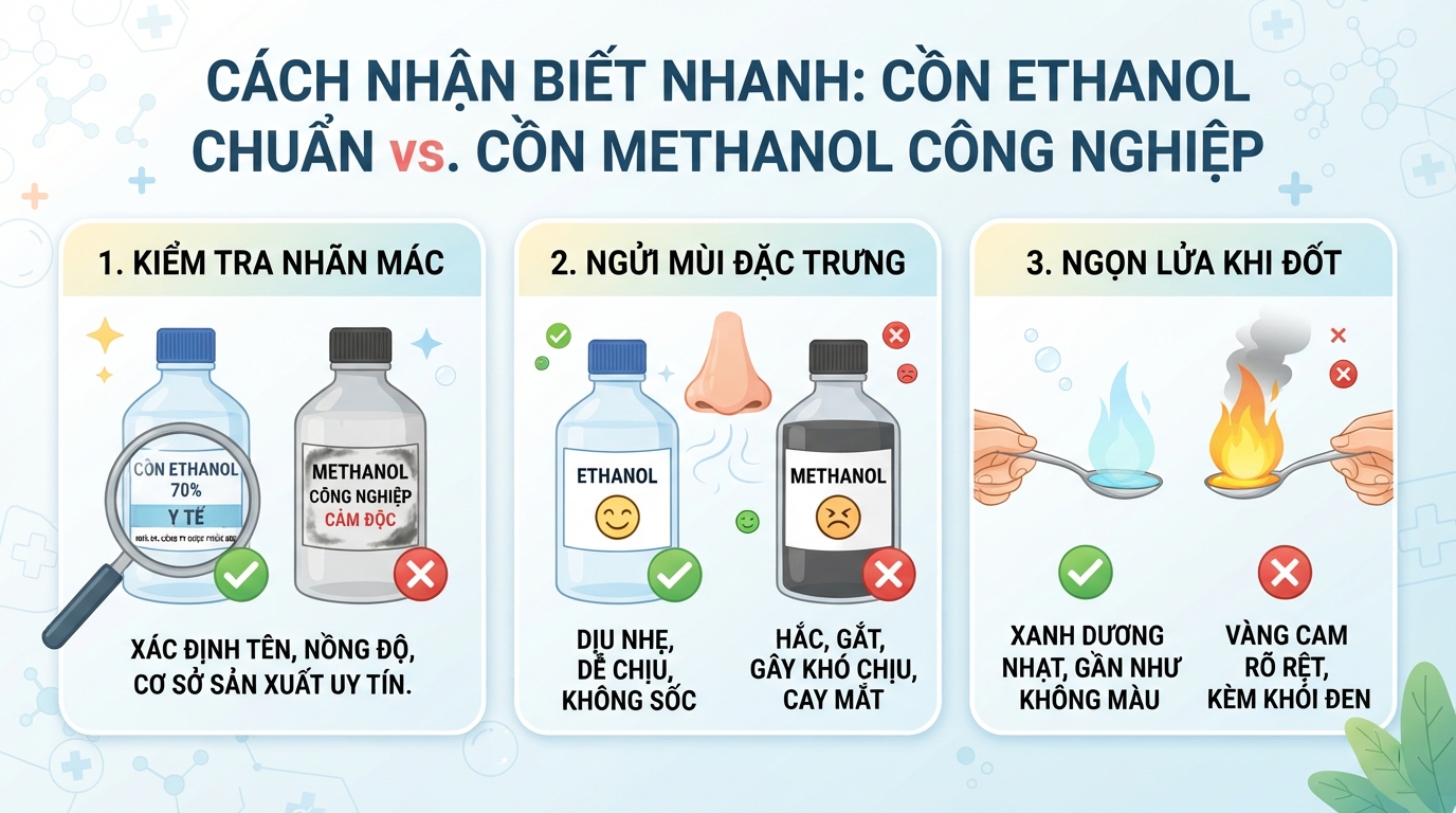 Cách nhận biết nhanh cồn ethanol chuẩn và cồn methanol công nghiệp qua ba dấu hiệu.