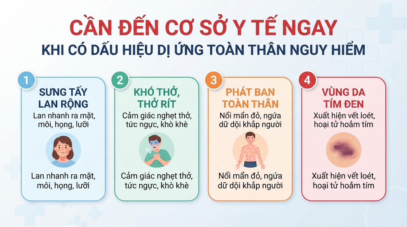 Cần đến cơ sở y tế ngay khi có dấu hiệu dị ứng toàn thân.