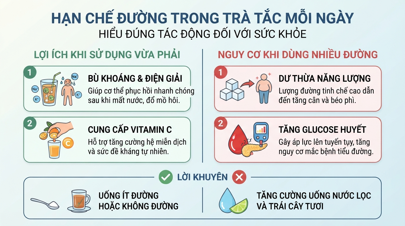 Cần hạn chế đường khi uống trà tắc mỗi ngày nhằm bảo vệ sức khỏe.