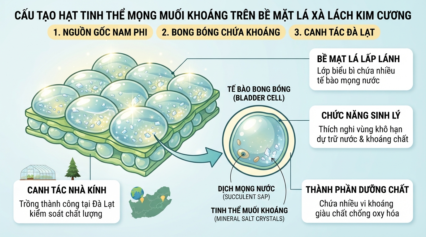 Cấu tạo hạt tinh thể mọng muối khoáng trên bề mặt lá xà lách kim cương.