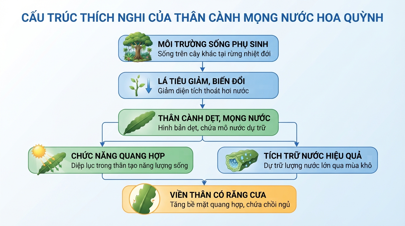 Cấu tạo thân cành mọng nước giúp hoa quỳnh quang hợp và tích trữ nước hiệu quả.