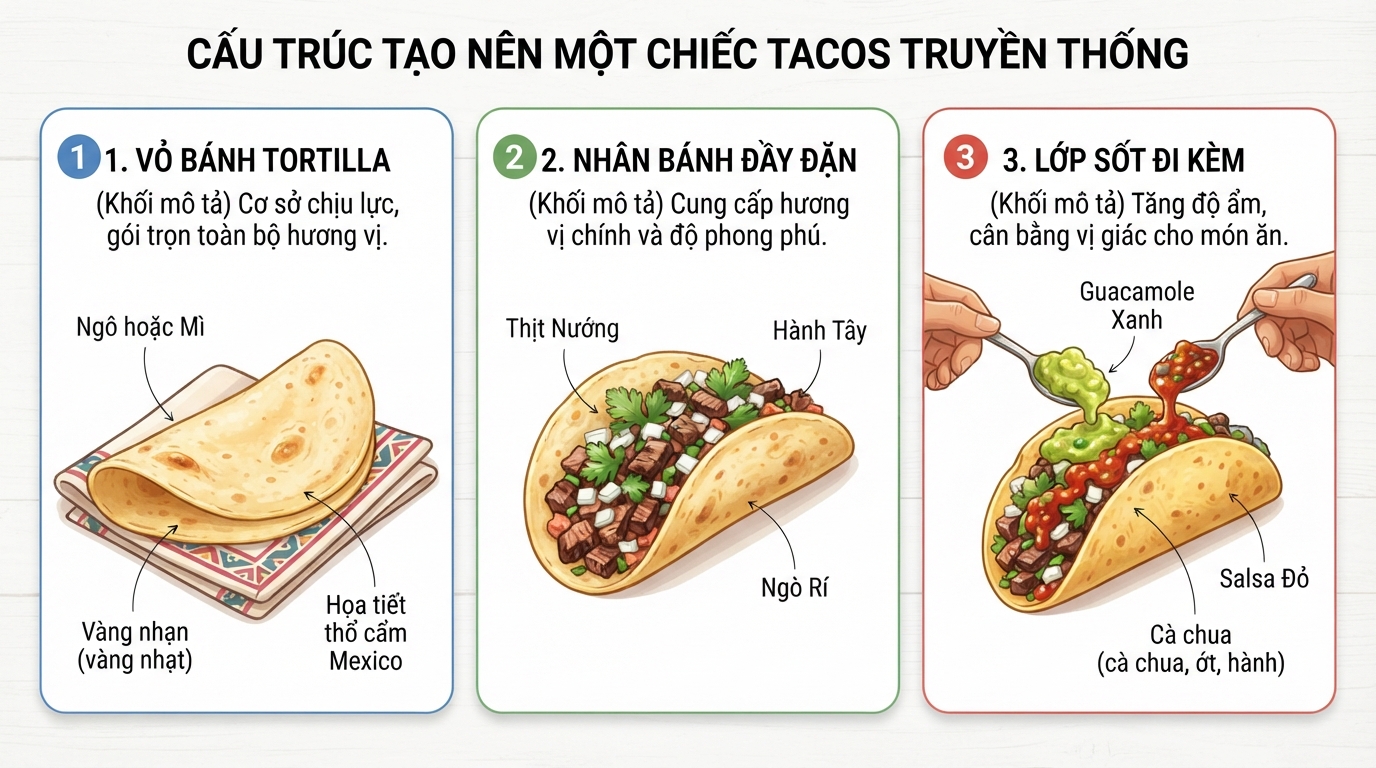 Cấu trúc ba thành phần cơ bản tạo nên một chiếc tacos truyền thống chuẩn vị Mexico.