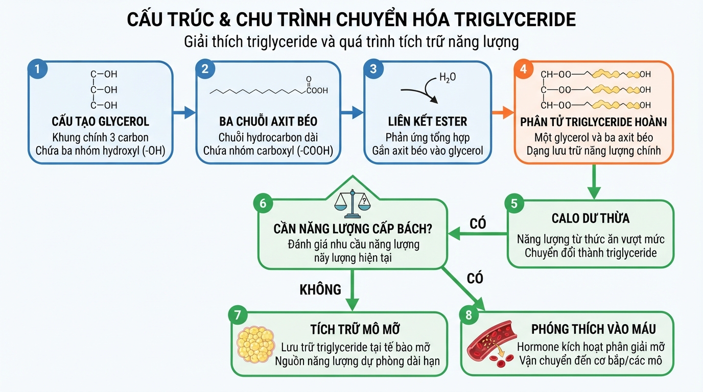 Cấu trúc chất béo trung tính giải thích triglyceride là gì và cách tích trữ năng lượng.