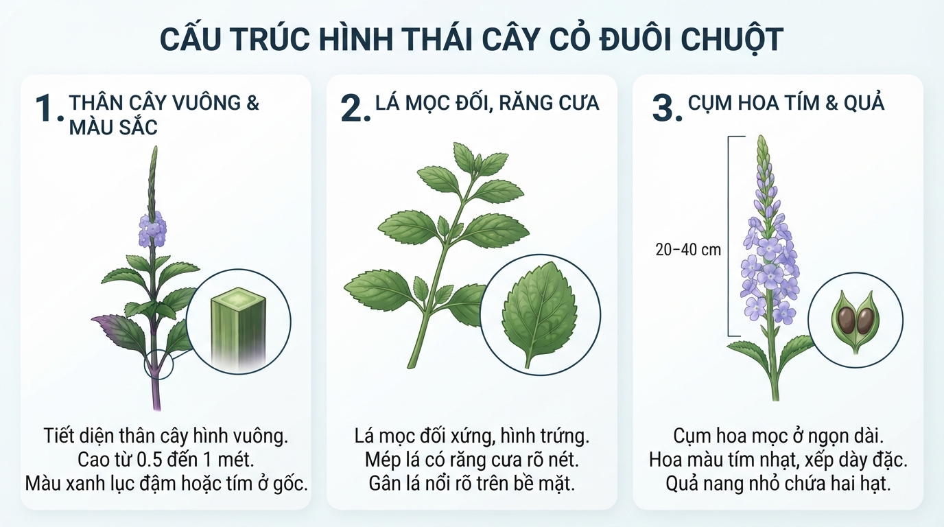 Cấu trúc hình thái thân vuông, lá răng cưa và cụm hoa tím của cỏ đuôi chuột.