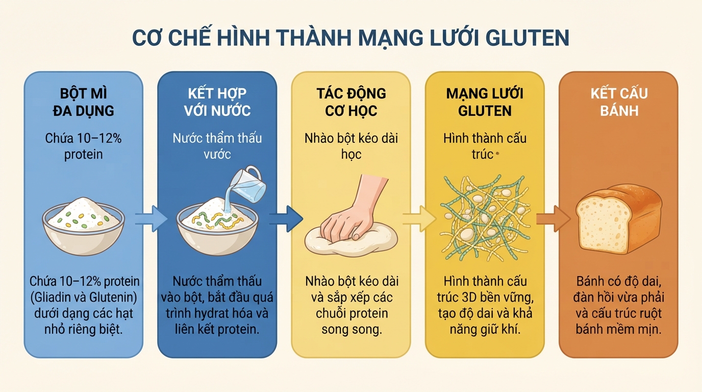 Cấu trúc mạng lưới gluten trong bột mì đa dụng tạo độ dai và đàn hồi cho bánh.
