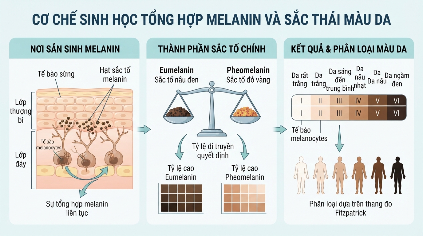 Cấu trúc sinh học tổng hợp melanin quyết định các sắc thái màu da tự nhiên.