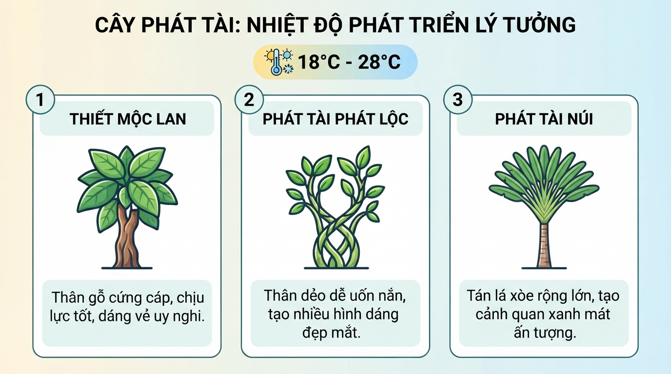 Cây phát tài phát triển tốt nhất ở nhiệt độ từ 18 đến 28 độ C.