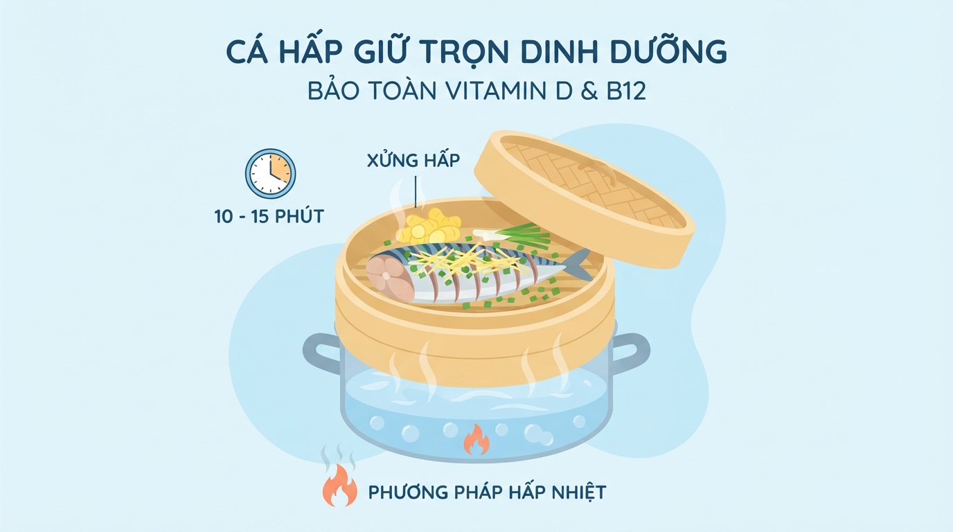 Chế biến hấp từ 10 đến 15 phút giúp giữ nguyên vẹn Vitamin D và B12.