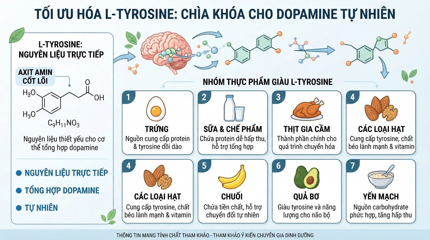 Chế độ ăn đa dạng với thực phẩm tươi giúp tối ưu hóa tiền chất L-Tyrosine.