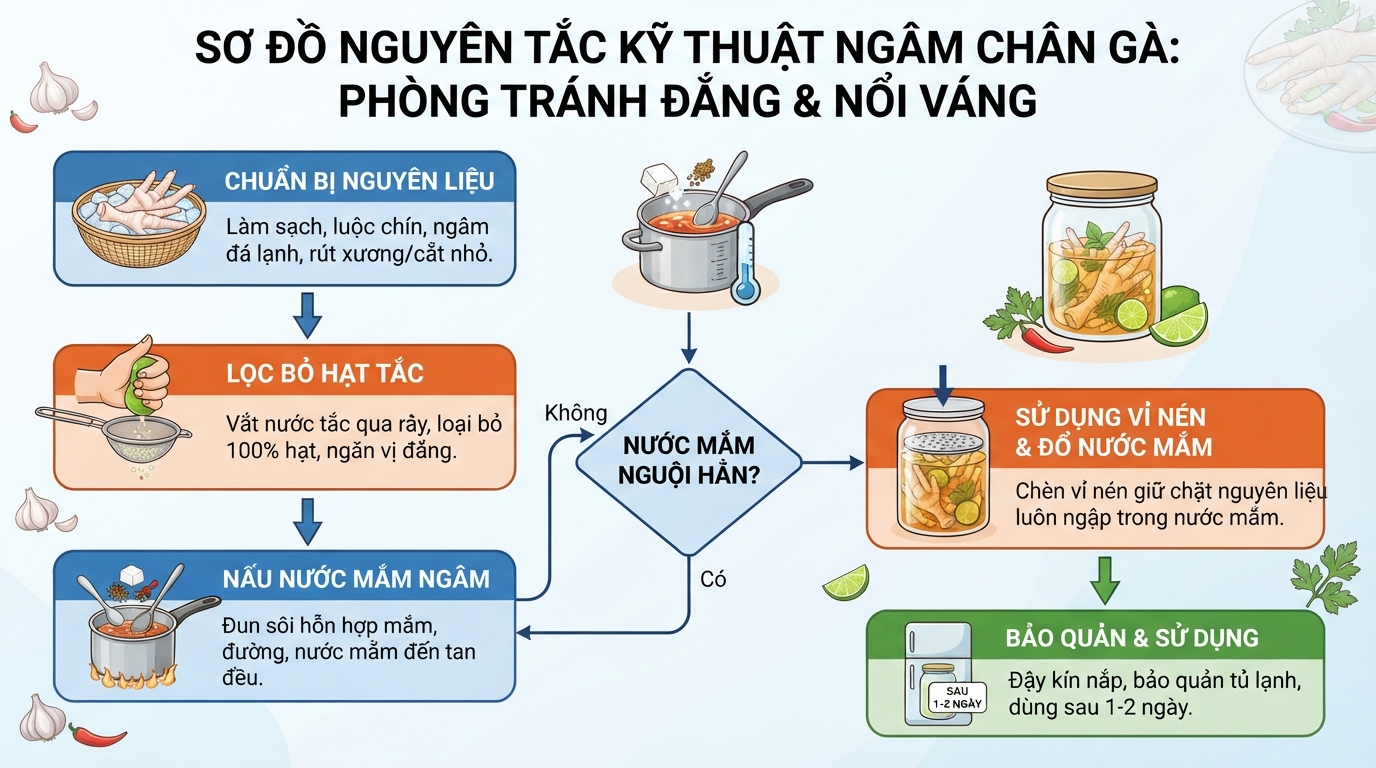 Chèn vỉ nén giữ chân gà luôn ngập nước mắm giúp tránh bị nổi váng.