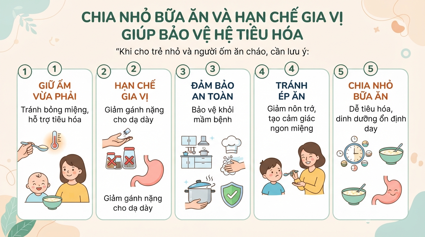 Chia nhỏ bữa ăn và hạn chế gia vị giúp bảo vệ hệ tiêu hóa.