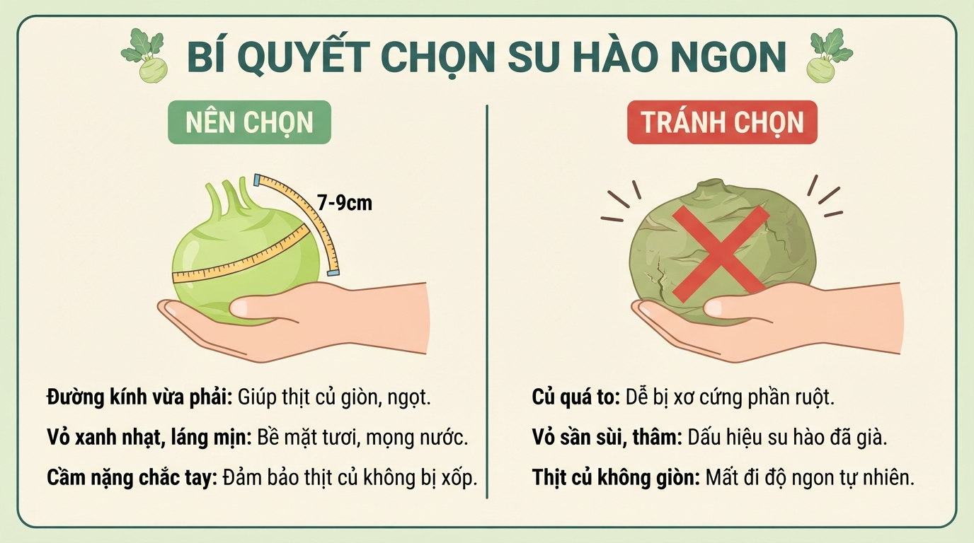 Chọn củ vừa tay với vỏ xanh nhạt để đảm bảo thịt củ giòn ngọt, không xơ.