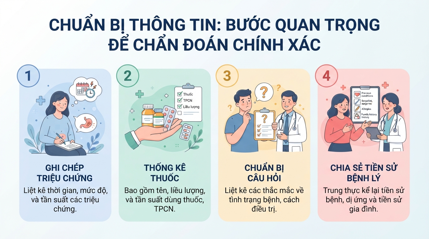 Chuẩn bị đầy đủ thông tin giúp bác sĩ đưa ra nhận định bệnh lý chuẩn xác.