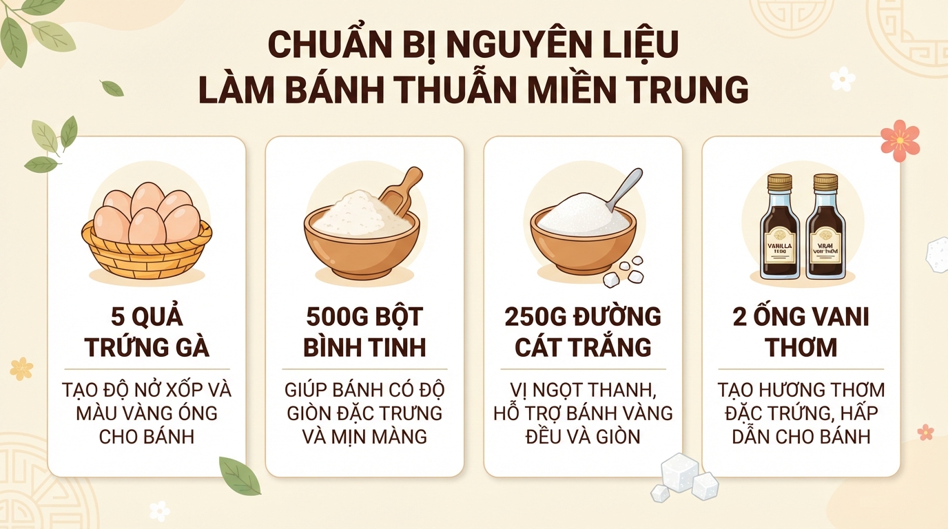 Chuẩn bị đúng định lượng nguyên liệu giúp mẻ bánh đạt độ giòn xốp chuẩn miền Trung.