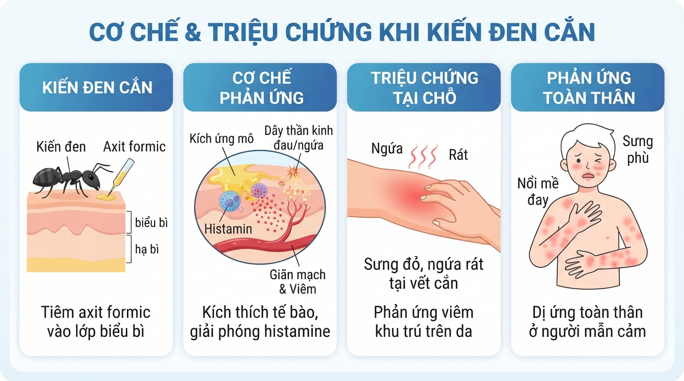 Cơ chế axit formic gây kích ứng da và các dấu hiệu viêm nhẹ sau khi bị cắn.