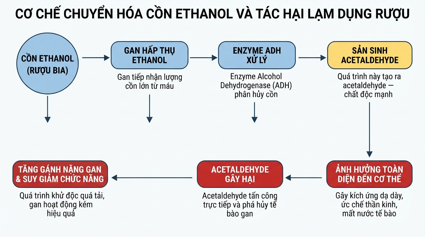 Cơ chế chuyển hóa cồn ethanol thành độc tố acetaldehyde gây hại gan.