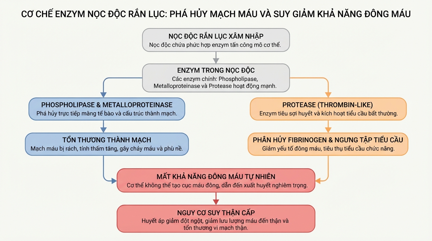 Cơ chế enzym nọc độc phá hủy mạch máu và làm suy giảm khả năng đông máu.