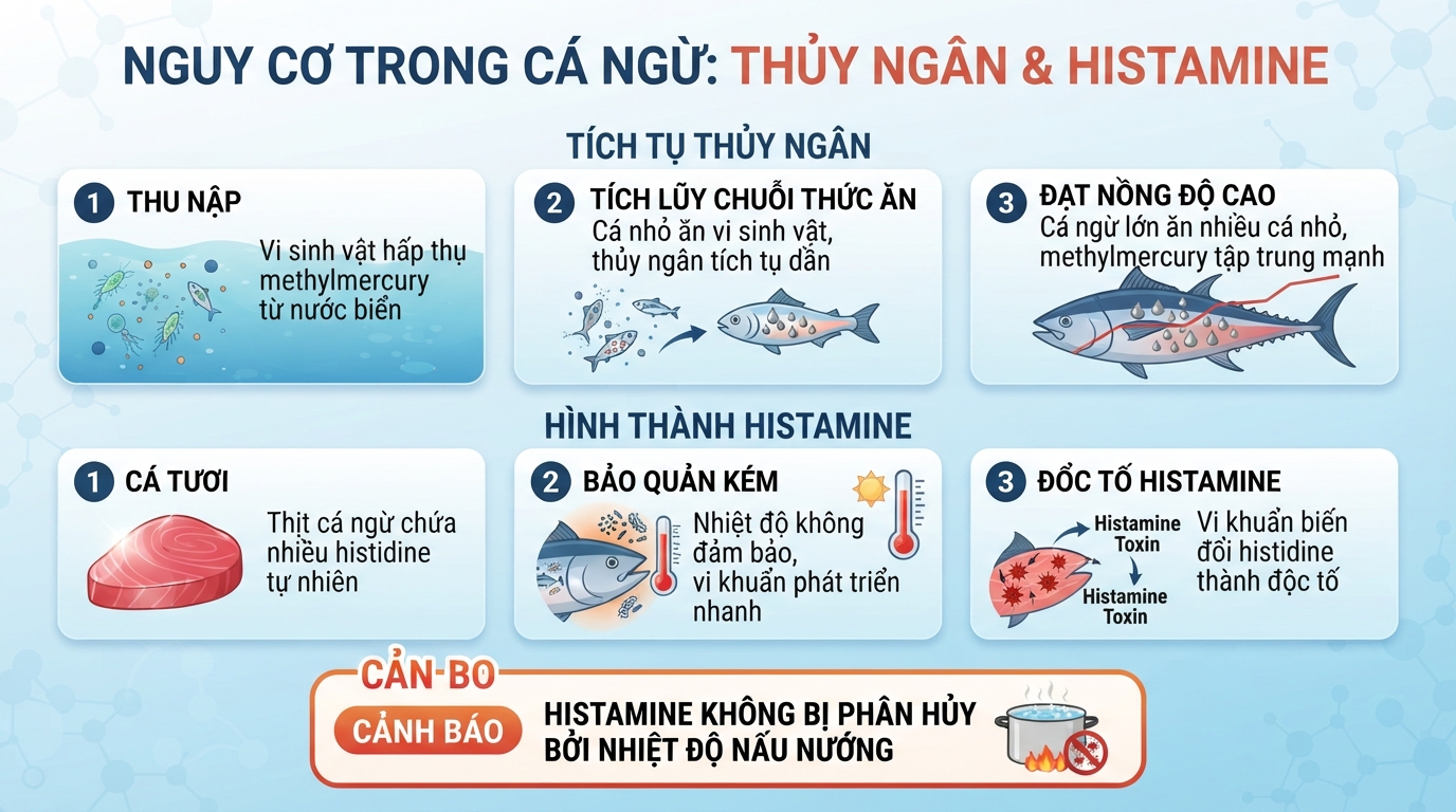 Cơ chế hình thành độc tố histamine và sự tích tụ thủy ngân trong cá ngừ.