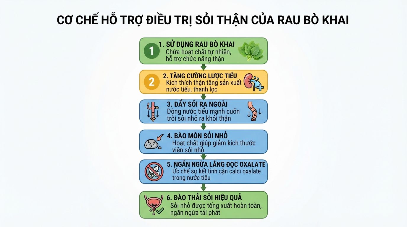 Cơ chế hỗ trợ bào mòn sỏi nhỏ và ngăn ngừa lắng đọng oxalate qua đường tiểu.