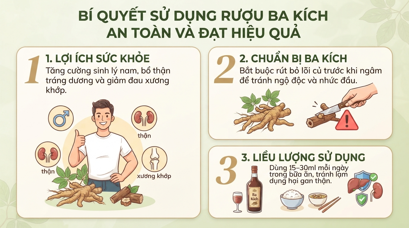 Rượu ba kích: Công dụng, cách ngâm và lưu ý an toàn khi sử dụng