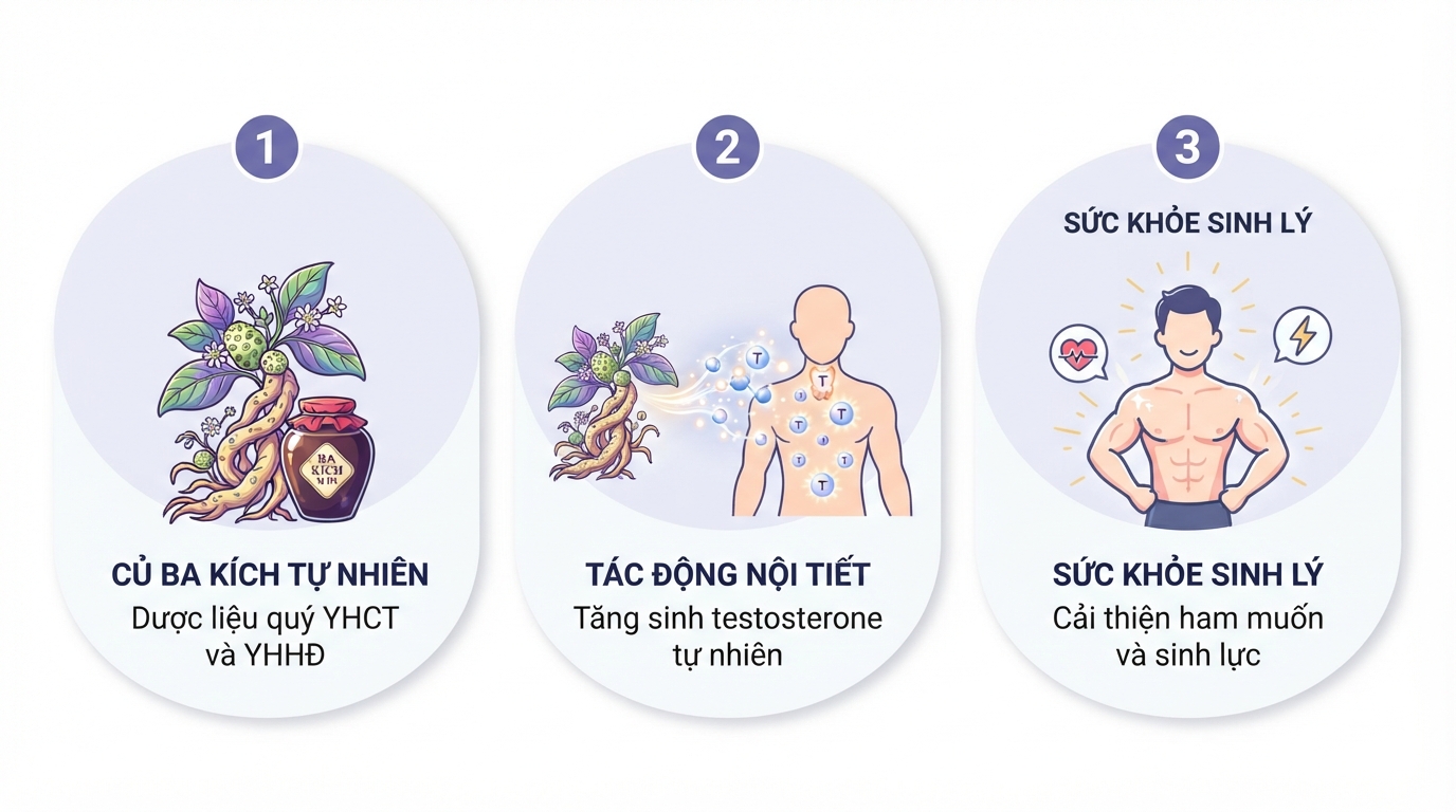 Cơ chế hỗ trợ tăng cường sinh lý nam của rượu ba kích qua khả năng kích thích testosterone.