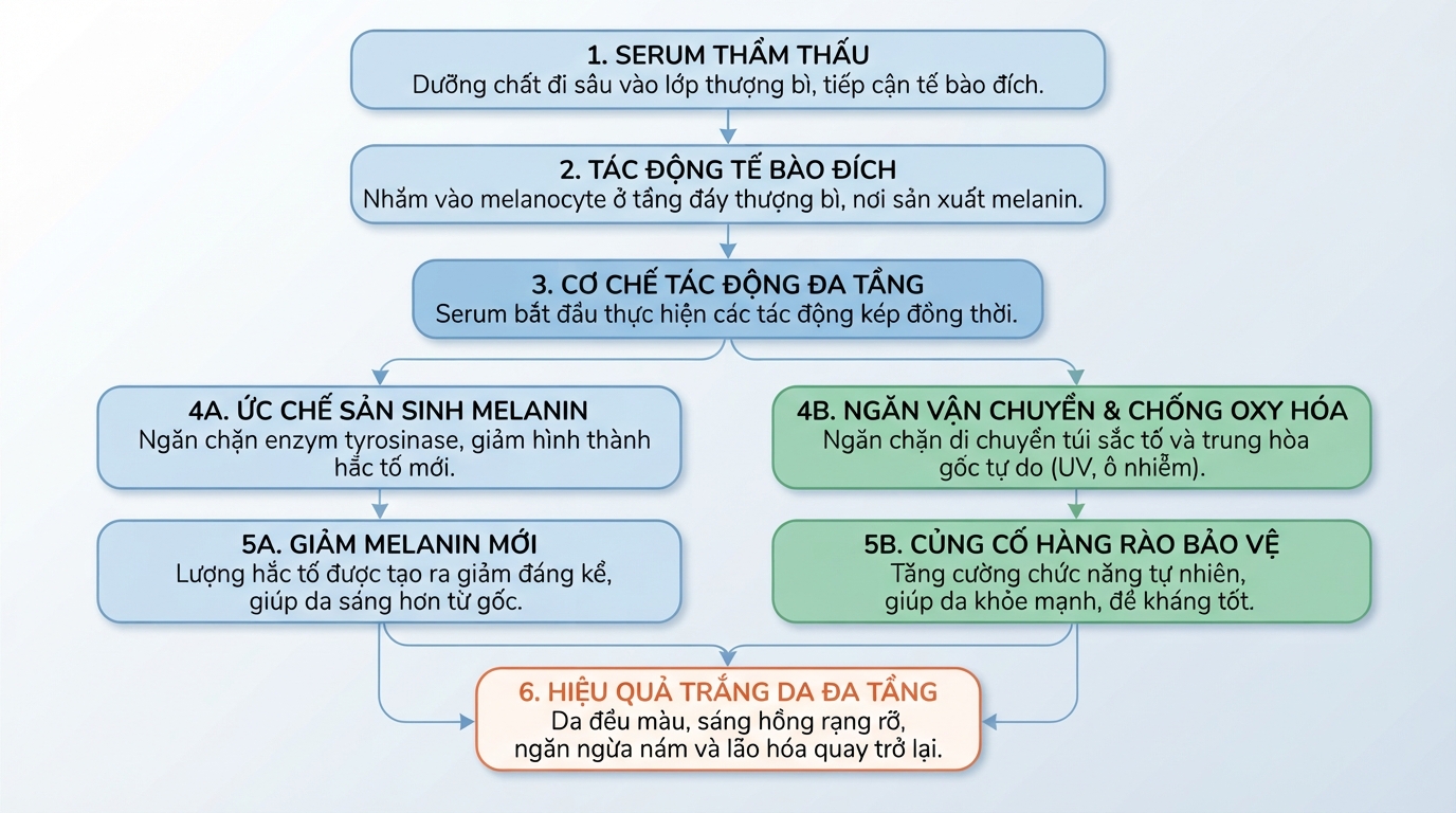 Cơ chế tác động đa tầng của serum trắng da trong việc ức chế tổng hợp melanin.