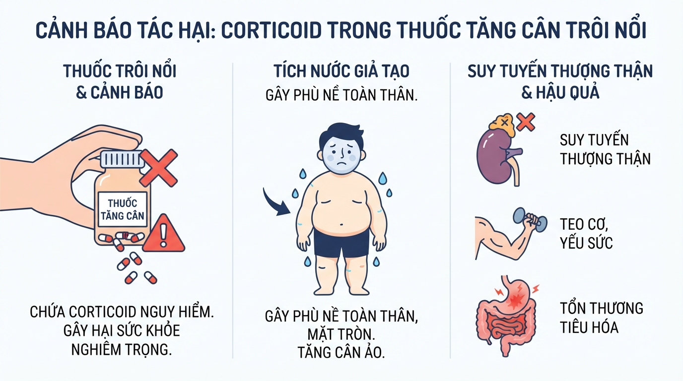 Corticoid trong thuốc tăng cân trôi nổi gây tích nước giả và suy tuyến thượng thận.