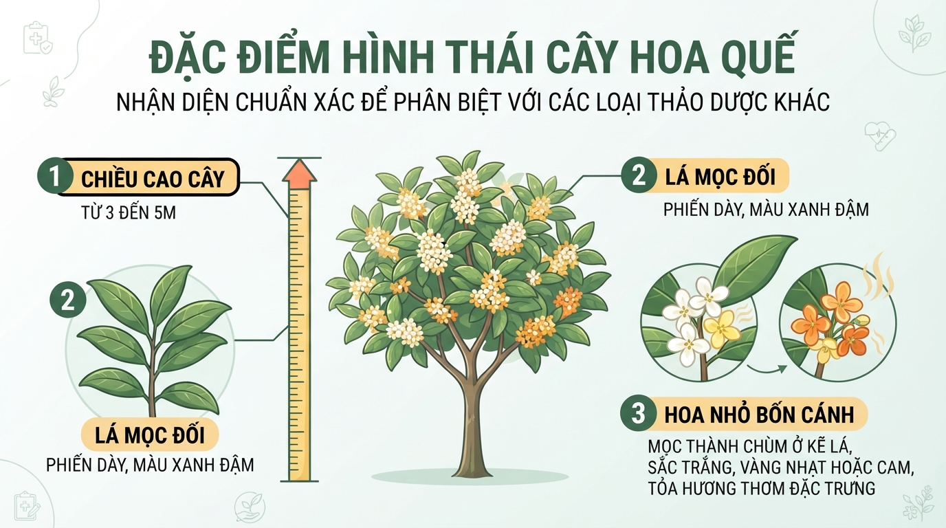 Đặc điểm hình thái cây hoa quế giúp phân biệt chuẩn xác với các loại thảo dược khác.