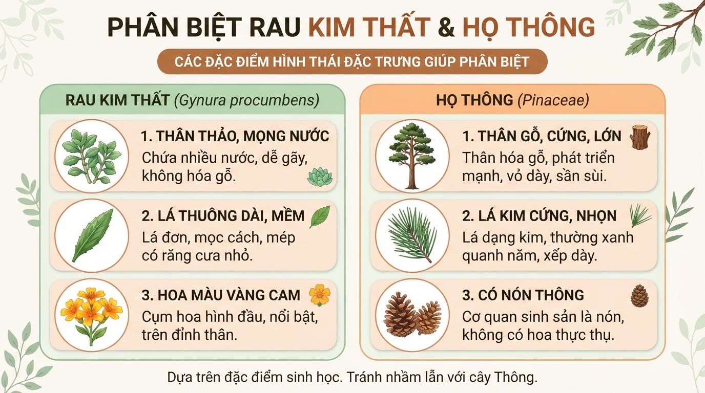 Đặc điểm hình thái đặc trưng của rau kim thất giúp phân biệt với họ thông.