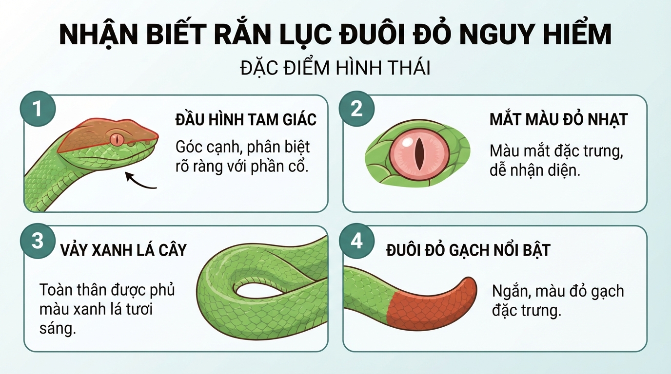 Đặc điểm hình thái giúp nhận biết chính xác loài rắn lục đuôi đỏ nguy hiểm.