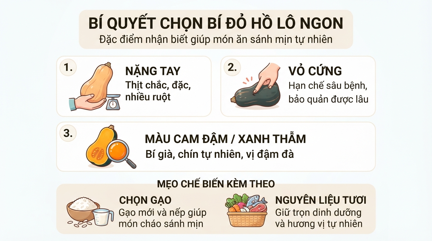 Đặc điểm nhận biết bí đỏ hồ lô chất lượng giúp món ăn sánh mịn tự nhiên.