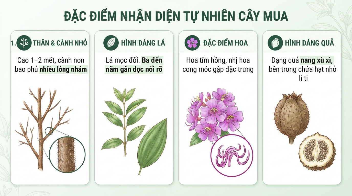 Đặc điểm nhận dạng tự nhiên của cây mua qua thân, lá, hoa và quả.