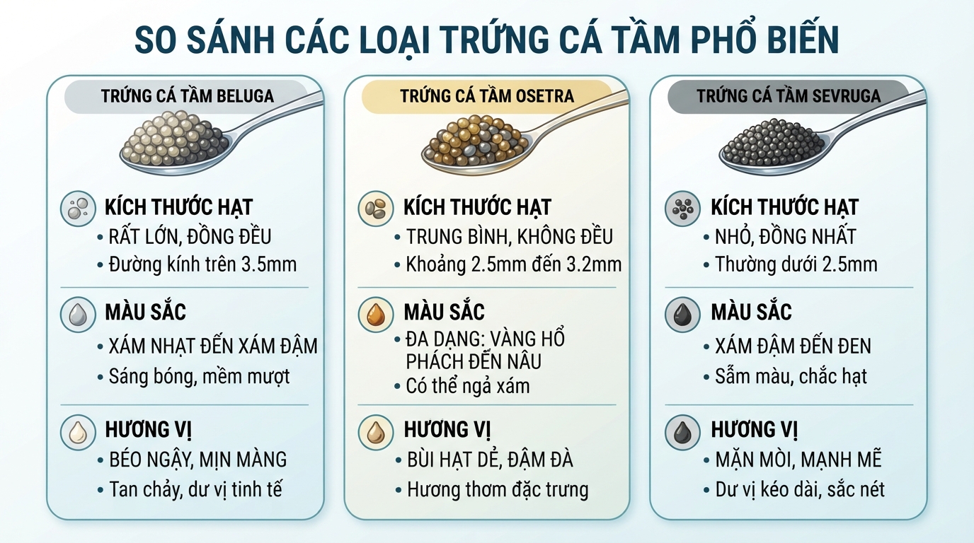 Đặc điểm phân biệt hạt trứng và sắc thái màu sắc giữa các dòng trứng cá.