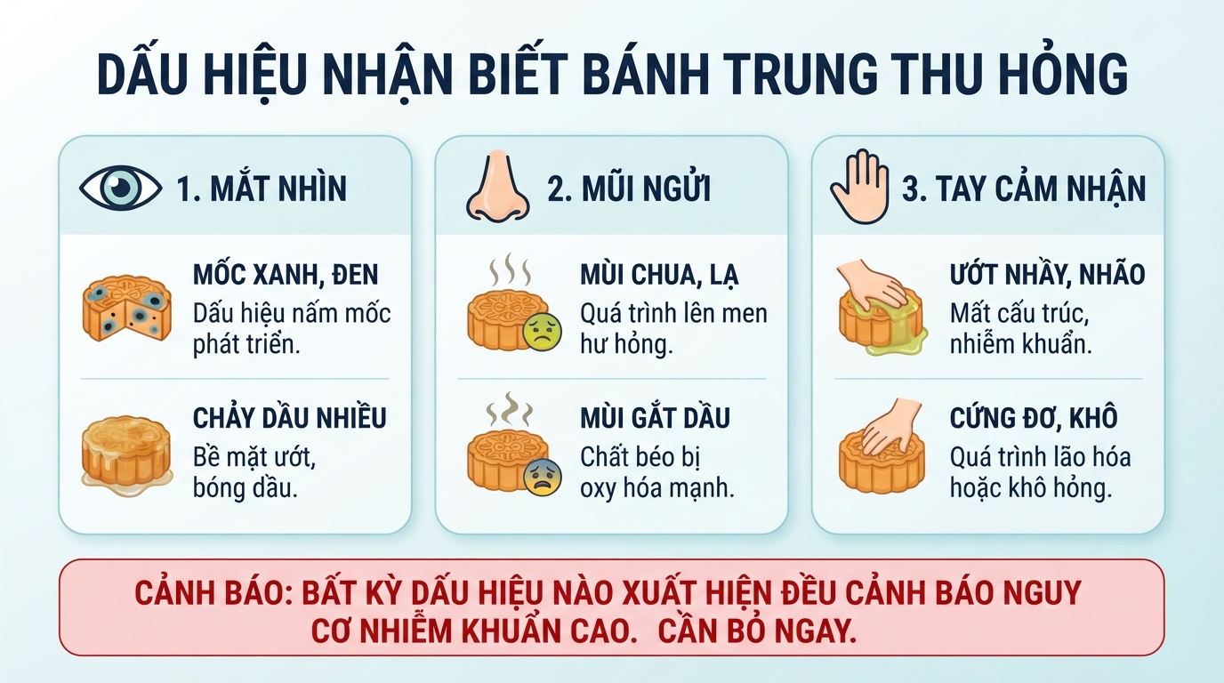 Dấu hiệu nhận biết bánh trung thu hỏng bằng mắt thường, khứu giác và xúc giác.