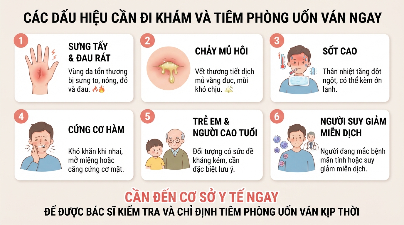 Dấu hiệu sưng tấy, sốt cao và biểu hiện uốn ván cần được thăm khám tiêm phòng ngay.