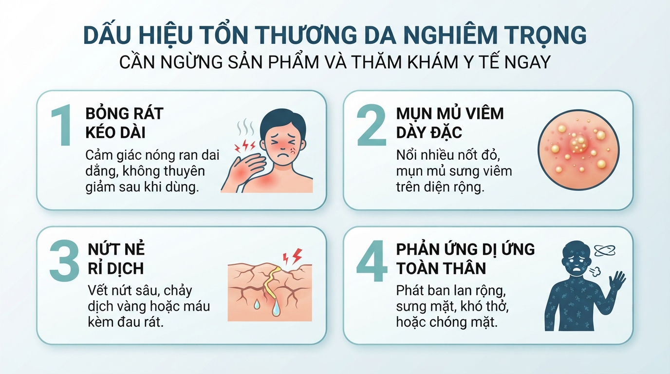 Dấu hiệu tổn thương nghiêm trọng cảnh báo cần ngưng sản phẩm và thăm khám y tế ngay.