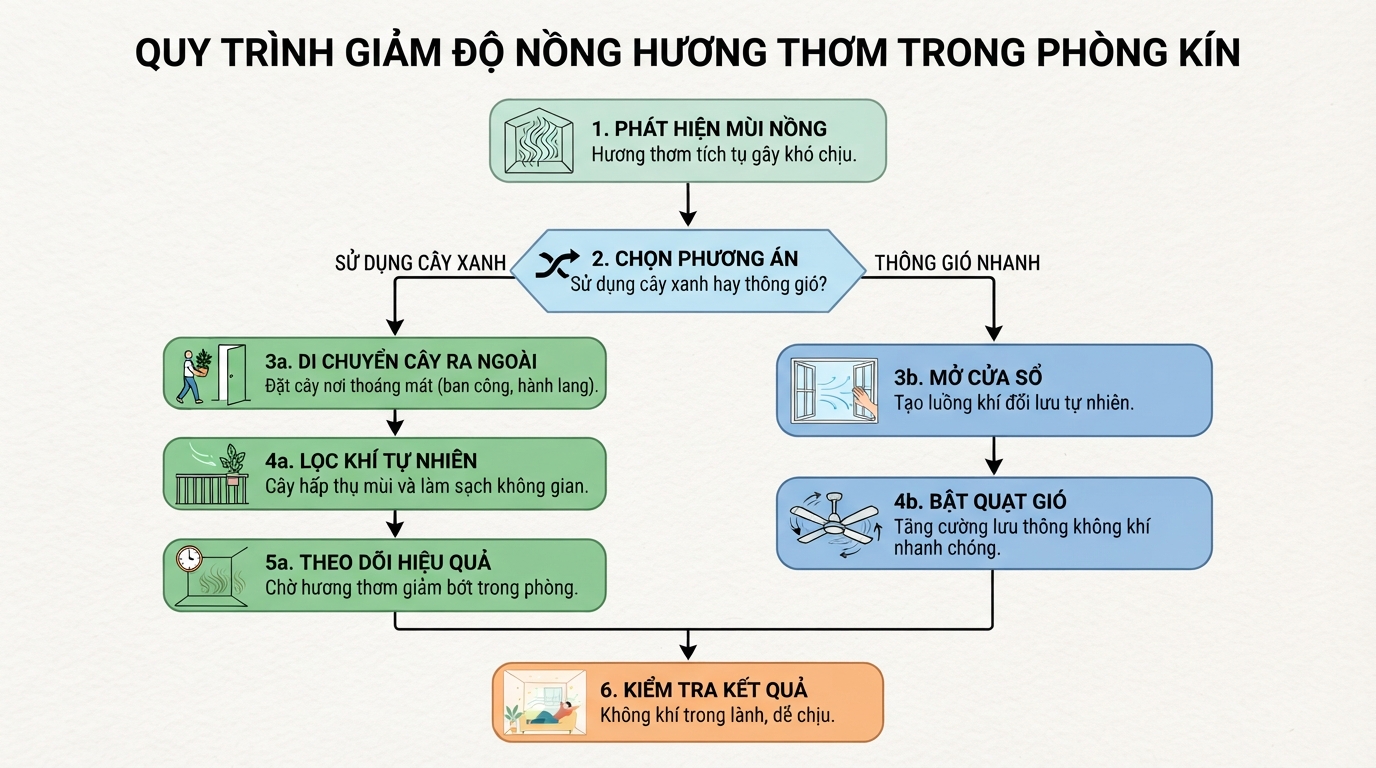 Di chuyển cây ra nơi thông thoáng hoặc bật quạt gió giúp giảm độ nồng hương thơm.