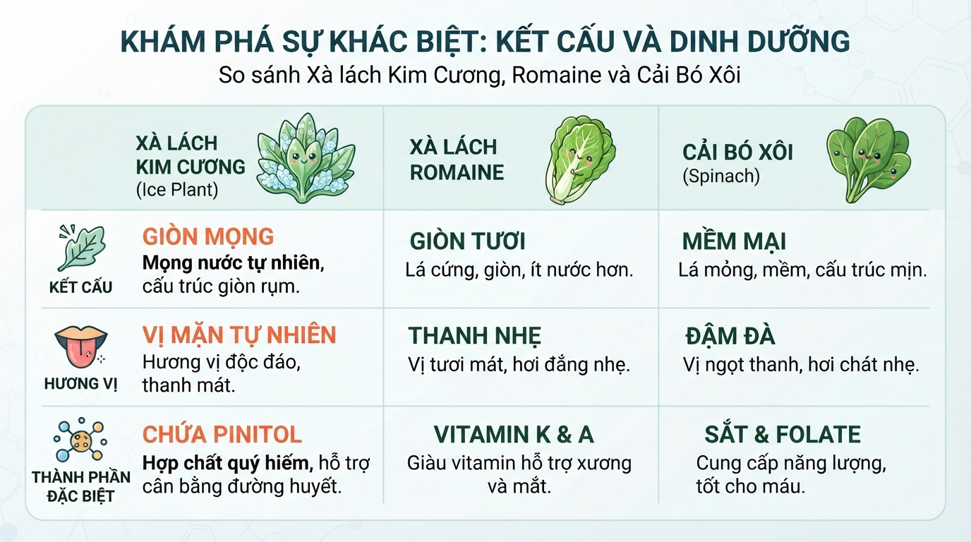 Điểm khác biệt về kết cấu giòn mọng và hàm lượng Pinitol giữa các loại rau.
