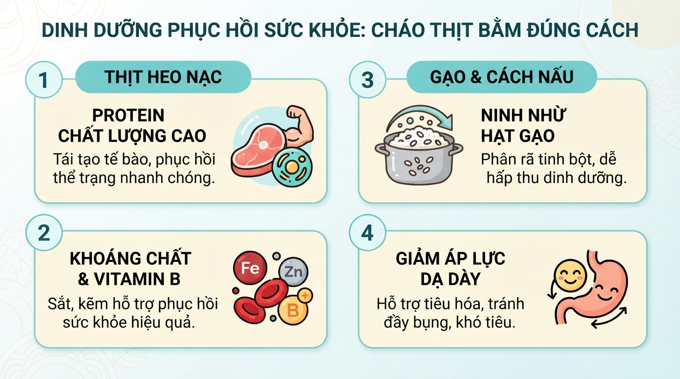 Dinh dưỡng giúp phục hồi sức khỏe nhờ cách nấu cháo thịt bằm đúng kỹ thuật.