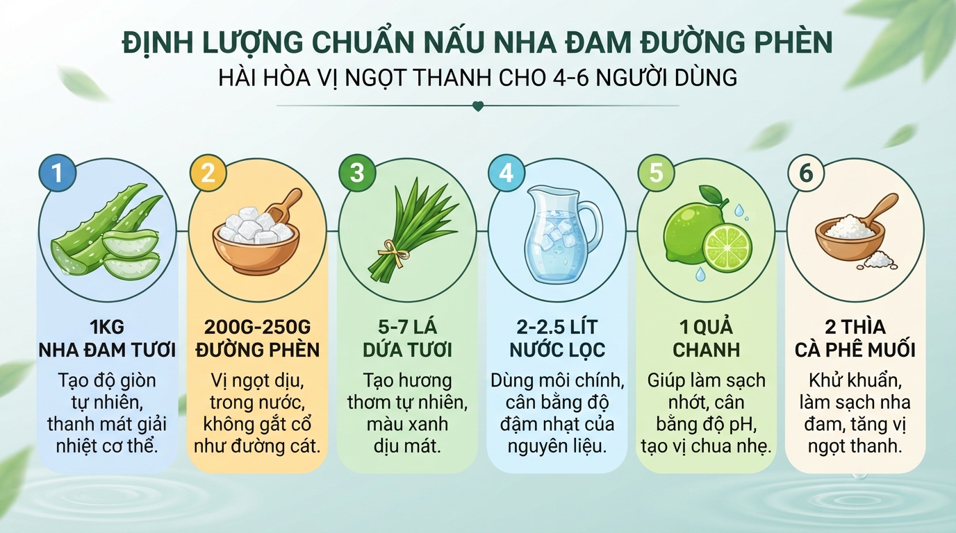 Định lượng chuẩn giúp cách nấu nha đam đường phèn đạt độ ngọt thanh hài hòa.