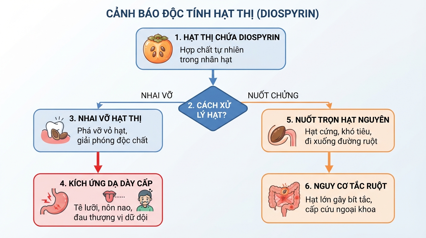 Độc tính diospyrin giải phóng khi nhai vỡ hạt gây kích ứng dạ dày cấp.