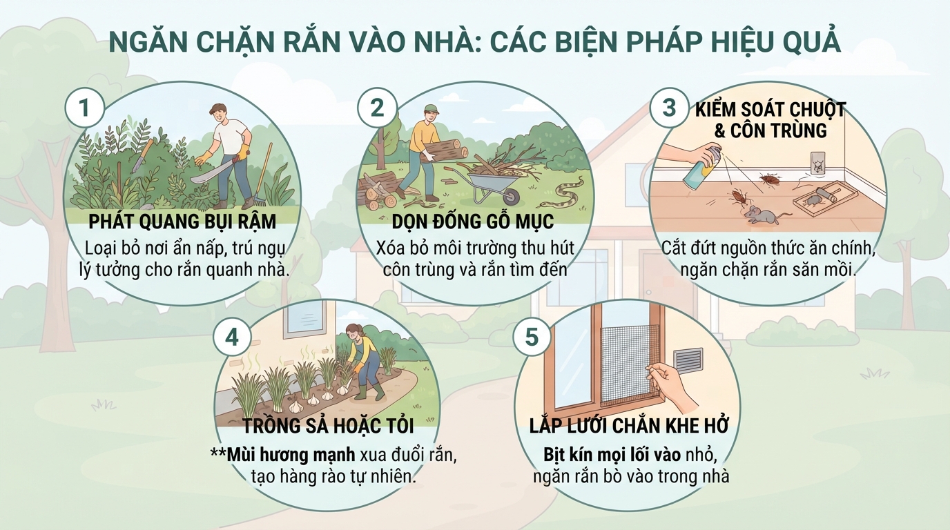 Dọn dẹp bụi rậm và trồng cây mùi hương giúp ngăn chặn rắn vào nhà.